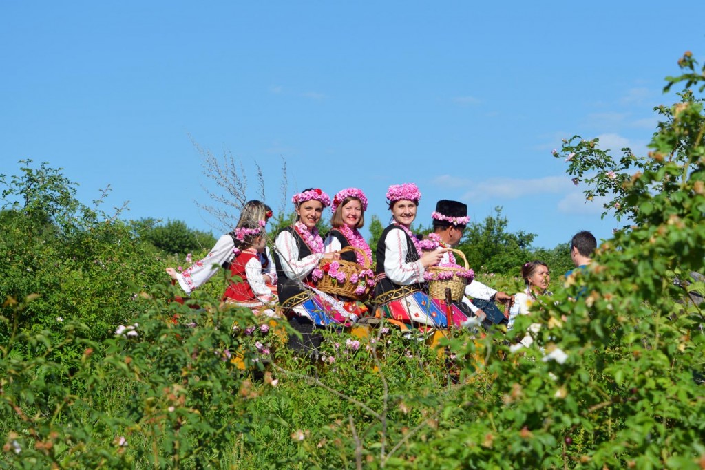 Bulgarian rose-pickers in traditional clothes, during the Rose festival
