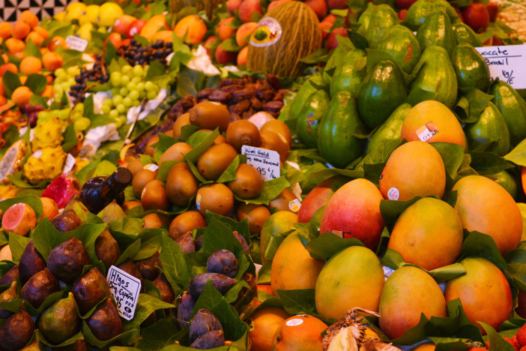 A variety of fruits in the food market La Boqueria.