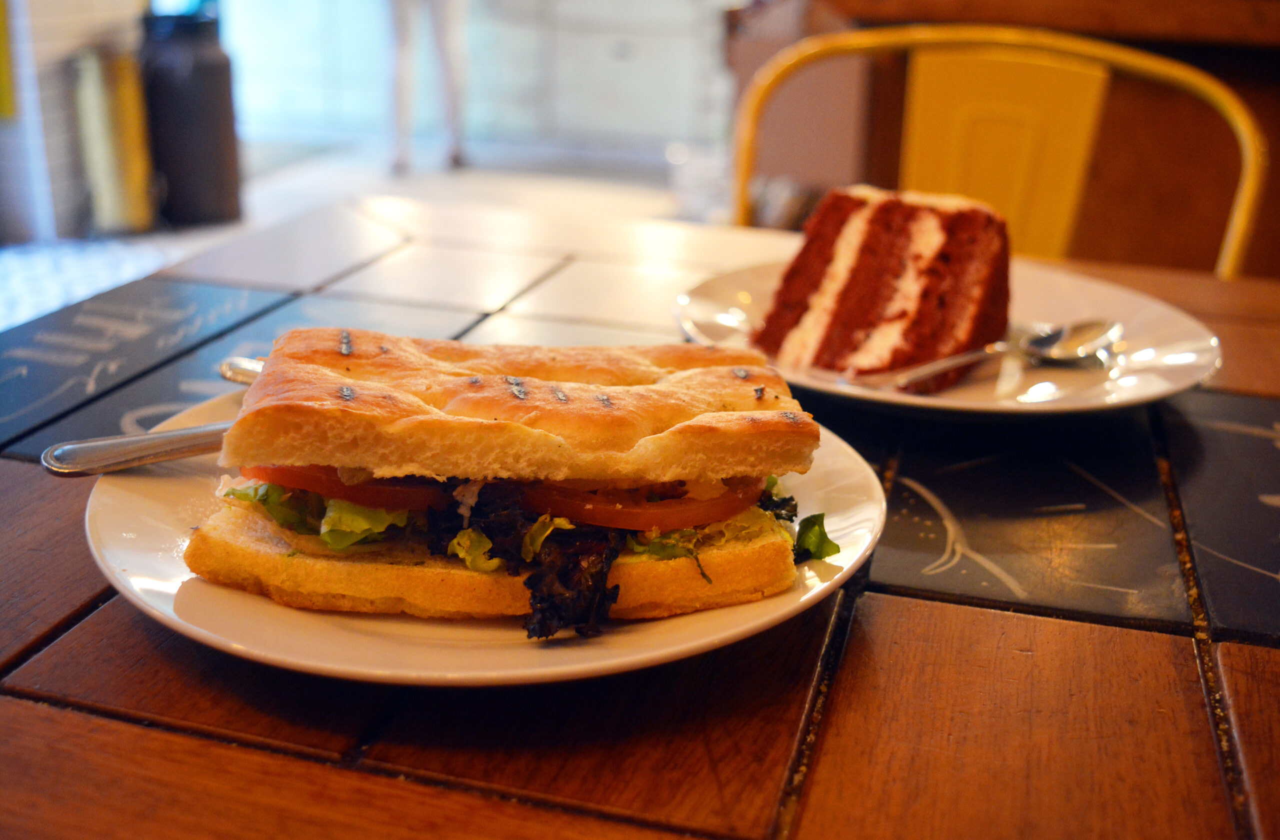 Vegetarian sandwich and Red Velvet Cake